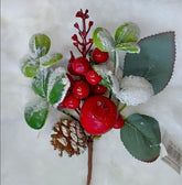 Crenguță artificială de Crăciun cu măr roșu, con și frunze cu zăpadă 10/set